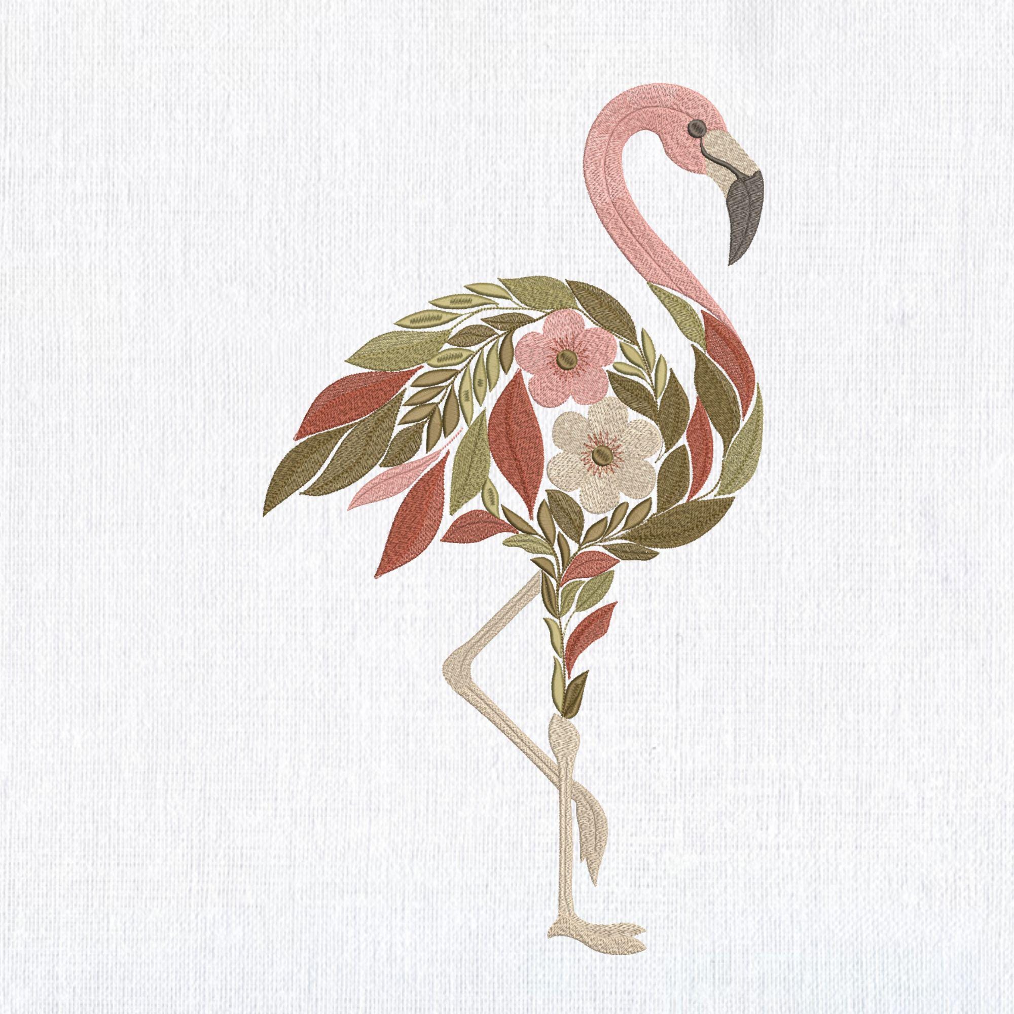 Floral Flamingo Machine Embroidery design, Botanical Tropical Bird File, Boho Pink Bird with Flowers Pattern 6 sizes Instant Download