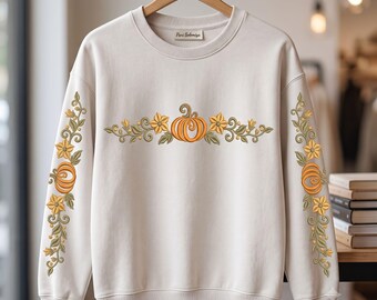 Veste citrouille, dos brodé à la machine, motif floral, sweat-shirt d'automne, fichier à télécharger numérique