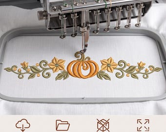 Motif de broderie machine à bordure florale citrouille d'automne (fichier numérique à télécharger)