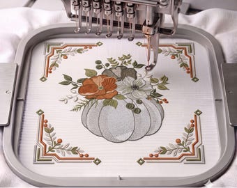 Motif de broderie machine « Cadre de citrouille florale » (style botanique automnal) - Fichier numérique à télécharger - Téléchargement - Modèle de broderie machine « Automne botanique »