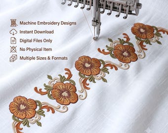 Motif de broderie machine à bordure florale de pensées orange - Fleur orange ornementale - Fichier numérique à télécharger