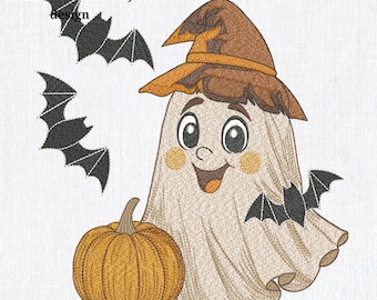 Ghost in Witch Hat Machine Embroidery Design: Halloween Pumpkin Bat (Instant Download, 6 Sizes)