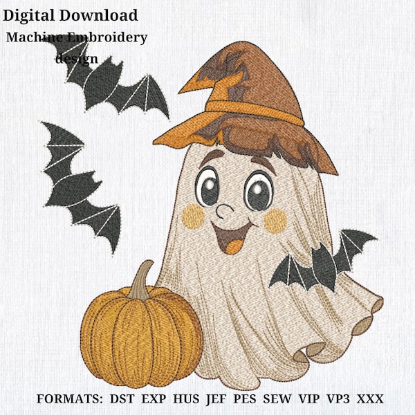 Ghost in heksenhoed machineborduurontwerp: Halloween-pompoenvleermuis (direct downloaden, 6 maten)