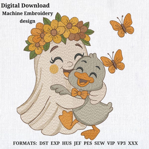 Herfst spook en eend machineborduurontwerp (digitale download)