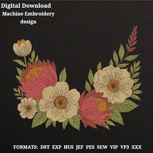 Puede incluir: Un diseño de bordado a máquina con una corona floral sobre un fondo negro. El diseño incluye flores rosas, blancas y amarillas con hojas verdes. El texto "Digital Download Machine Embroidery design" está en la parte superior. Formatos: DST EXP HUS JEF PES SEW VIP VP3 XXX.