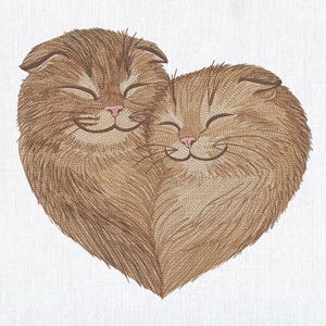 May include: An embroidered design of two brown cats arranged in a heart shape. The cats have closed eyes, pink noses, and smiling mouths. The design is set against a white background, highlighting the detailed stitching.