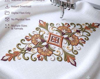 Motif de broderie machine à volutes florales ornementales, style botanique automnal chaleureux (fichier numérique à télécharger)