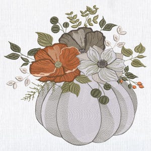 Thanksgiving Floral White Pumpkin Machine Embroidery design, Autumn Gourd File, Botanical Fall Harvest Pattern 6 sizes Instant Download