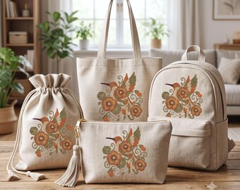 Sac fourre-tout brodé à la machine motif botanique colibri, pochette à maquillage botanique, fichier à télécharger numérique