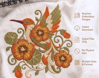 Motif de broderie machine colibri floral d'automne - Fichier numérique à télécharger