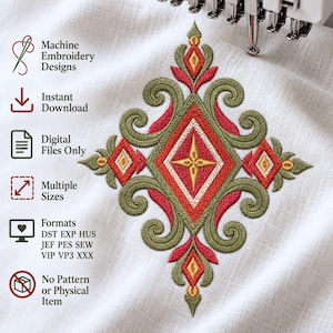 May include: A machine embroidery design featuring a central diamond shape with a star, surrounded by olive green scrolls and red accents on white fabric. Text includes Machine Embroidery Designs, Instant Download, Digital Files Only, Multiple Sizes, Formats DST EXP HUS JEF PES SEW VIP VP3 XXX, and No Pattern or Physical Item.