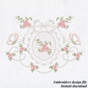May include: White embroidery design with a central oval, pink flowers, scalloped edge, bow, and butterflies. Pink flowers and green leaves are scattered throughout. The text "Embroidery design file Instant download" is at the bottom of the image.