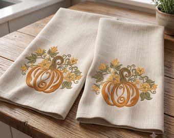 Torchon de cuisine à motif floral citrouille, broderie machine, Thanksgiving, automne, fichier numérique à télécharger.