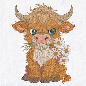 May include: Embroidered image of a Highland cow with a grumpy expression, holding daisies in its mouth. The cow has brown fur, large horns, and blue eyes. The daisies have white petals and yellow centers. The image is on a white background.