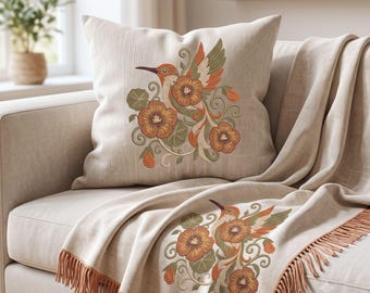 Motif de broderie machine florale colibri pour taie d'oreiller botanique (téléchargement numérique)