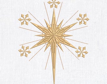 May include: An embroidered design of a golden star with multiple points, surrounded by six smaller starbursts. The design is on a white background. Text at the bottom reads "Embroidery design file Instant download".