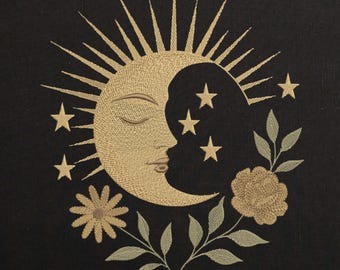 Mystical Moon Face Machine Embroidery design, Celestial Sun and Stars File, Moon Floral Line Pattern for Boho 8 Sizes, Instant Download