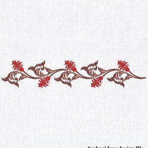 Puede incluir: Un archivo de diseño de bordado con un borde floral decorativo. El diseño presenta un patrón repetitivo de flores rojas estilizadas y hojas marrones sobre un tallo. El texto "Embroidery design file Instant download" está en la parte inferior.