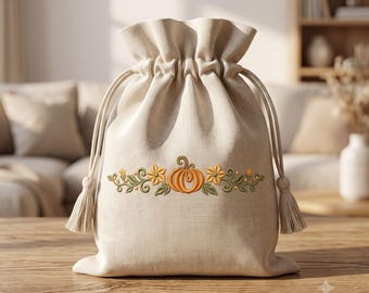 Sac fourre-tout citrouille d'automne, motif de broderie machine florale, pochette à maquillage citrouille florale, fichier à télécharger numérique