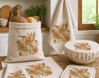 Motif de broderie machine florale colibri pour la cuisine, chemin de table à motifs floraux (téléchargement numérique).