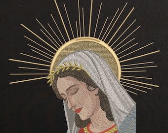 Disegno da ricamo della Vergine Maria: corona d'alloro con alone, motivo religioso cristiano (download immediato)