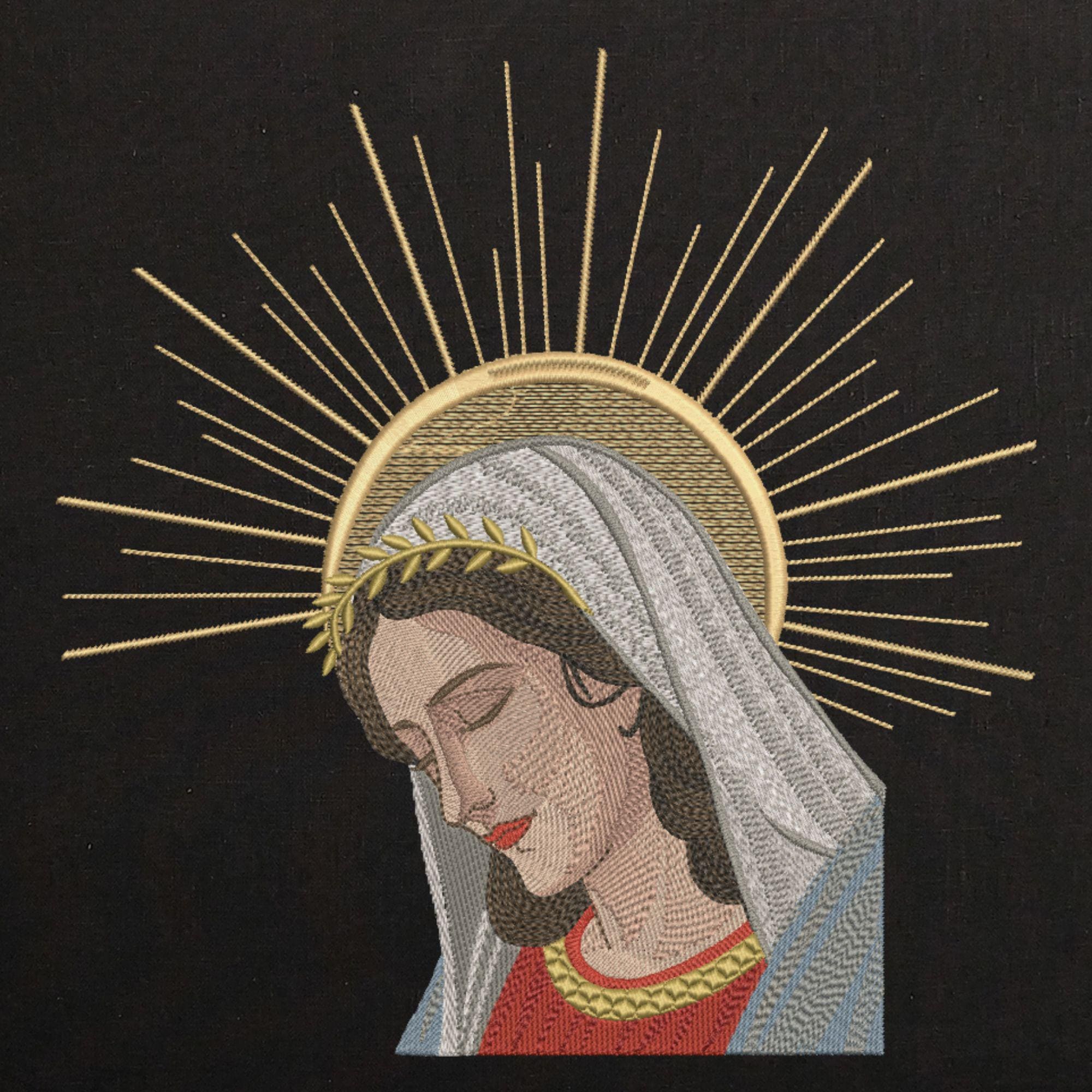 聖母マリアの刺繍デザイン：光輪と月桂樹の冠、キリスト教の宗教的
