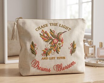 Sac à colibri, motif floral brodé à la machine, citation florale, sac à maquillage, fichier à télécharger numérique