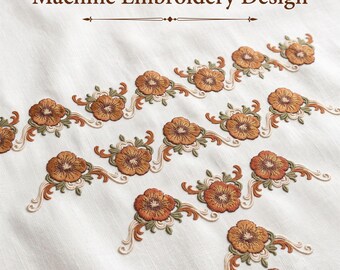 Motif de broderie machine à bordure florale de pensées orange - Fleur orange ornementale - Fichier numérique à télécharger