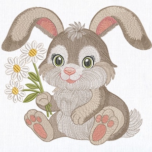 Uroczy puszysty króliczek trzymający stokrotki, wzór do haftu maszynowego, plik Baby Rabbit, wzór na wiosennego króliczka z kreskówek, 8 rozmiarów, natychmiastowe pobranie
