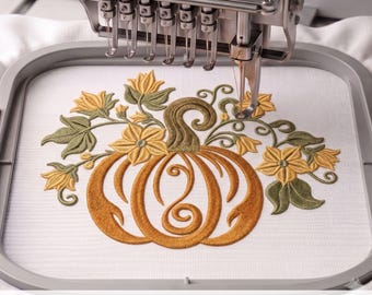 Motif de broderie machine automnale florale citrouille - Courge d'automne ornée de fleurs et de feuilles - Fichier à télécharger numérique