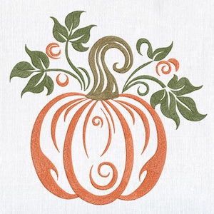 May include: Embroidered pumpkin design in shades of orange, green, and brown. The pumpkin features a stylized, curved design with a stem and leaves. The artwork is set against a white background, perfect for fall-themed crafts and decor.