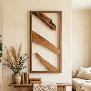 Decoración de pared con marco de madera de olivo hecho a mano con bordes naturales, decoración de pared rectangular, decoración vertical para sala de estar, regalo de madera para el hogar