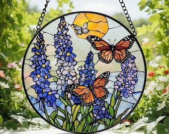 Atrapasueños de vitral con flores de delphinium azul y mariposas monarca, decoración para el hogar, colgante floral para ventana, decoración de jardín, regalo para el Día de la Madre.