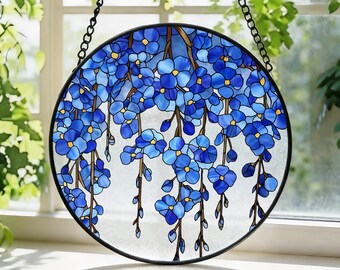 Atrapasueños de vitral con flores de glicina azul para colgar, decoración del hogar, vitral floral azul para colgar, decoración de glicina, regalo para el Día de la Madre