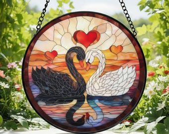 Atrapasueños de cristal con forma de pareja de cisnes en blanco y negro con corazones, decoración para el hogar, romántico colgante de ventana, decoración de aniversario, regalo de San Valentín.