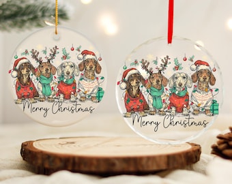 Adornos navideños personalizados con forma de perro salchicha, diseño con texto "Feliz Navidad", adorno de árbol de cristal o cerámica con forma de corazón o redondo, regalo único