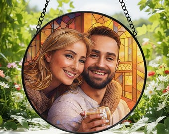 Atrapasueños de vitral con foto personalizada en tonos cálidos para decoración del hogar, regalo de aniversario con foto personalizable, recuerdo conmemorativo, regalo de San Valentín.