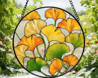 Atrapasueños de vitral con hojas de ginkgo de colores para decoración del hogar, colgante de vitral con hojas, decoración de otoño, regalo para amantes de la naturaleza, regalo de primavera