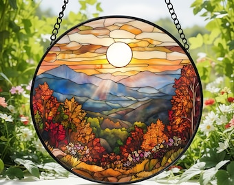 Atrapasueños de vitrales con paisaje otoñal y atardecer de montaña, decoración para el hogar, vitrales colgantes, decoración de otoño, decoración natural