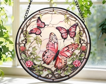 Atrapasueños de vitral con mariposas monarca rosas y follaje verde, decoración para el hogar, colgante de mariposa para ventana, regalo para el Día de la Madre, regalo de primavera