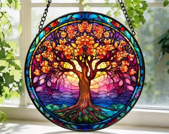 Atrapasueños de vitral con diseño de árbol de la vida, decoración para el hogar, colgante espiritual para vitral, decoración de árbol genealógico, regalo para el Día de la Madre, regalo de primavera.