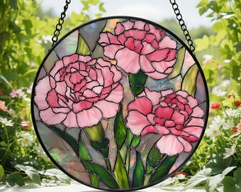 Atrapasueños de vitral con claveles rosas para decoración del hogar, colgante de vitral con claveles, decoración floral rosa, regalo para el Día de la Madre
