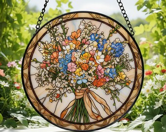 Atrapasueños de vitral con ramo de flores silvestres vibrantes, decoración para el hogar, colgante de vitral, regalo para el Día de la Madre, regalo de inauguración de la casa, decoración de primavera