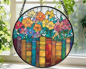 Atrapasueños de vitral con diseño floral para libros, decoración del hogar, colgante de vitral para amantes de los libros, regalo para el Día de la Madre, regalo con temática floral de primavera.