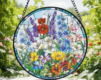 Atrapasueños de vitral con ramo de flores silvestres variadas y vibrantes, decoración para el hogar, vitral floral para colgar en la ventana, decoración de primavera, regalo para el Día de la Madre.
