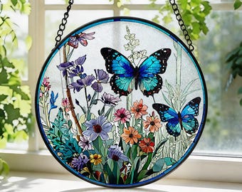 Atrapasueños de mariposas azules en un jardín de flores silvestres, decoración para el hogar, mariposas para colgar en la ventana, decoración natural, regalo para jardineros.