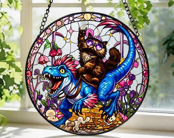 Fantasy Cat And Monster Stained Glass Suncatcher, Dungeon Adventure Book Reader Window Hanging, Geeky Cat Lover Gift For Fantasy Fans