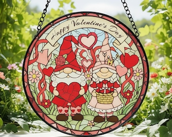 Atrapasueños de vitrales con forma de pareja de gnomos para San Valentín, decoración para el hogar, vitrales de gnomos para colgar en la ventana, decoración de aniversario, regalo de San Valentín