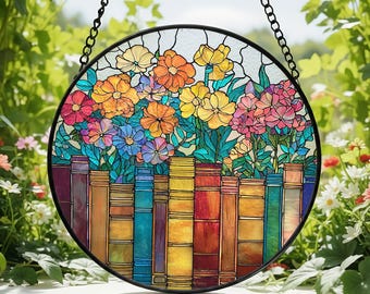 Atrapasueños de vitrales con libros y flores, decoración para el hogar, vitrales para amantes de los libros, decoración floral, regalo para rincón de lectura.