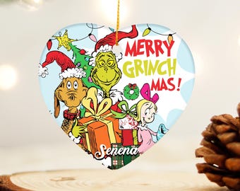 Adornos navideños personalizados del Grinch, con el diseño "Feliz Grinchmas" y Max el Perro y Cindy Lou Who. Regalos navideños.